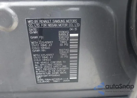 2015 Nissan Rogue Sv z USA, uszkodzony, nr VIN KNMAT2MT7FP559542